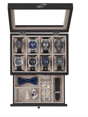 2-tier Jewelry Case Organizer With 8-Slot Watch Box, Glass Lid & Cream Lining